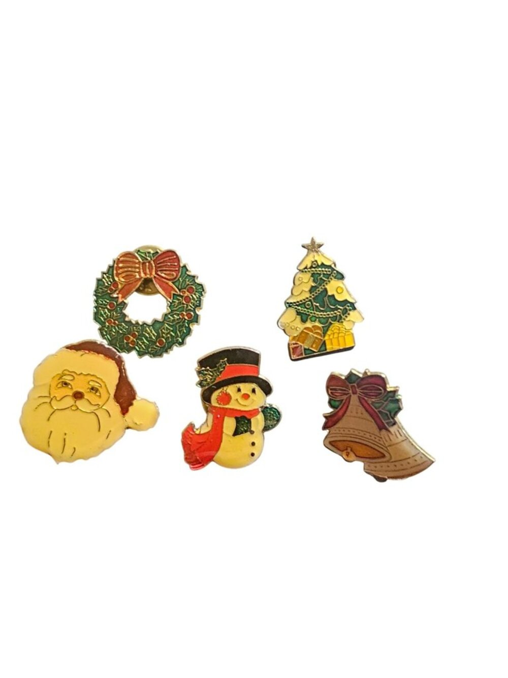 Set Of 5 Vintage Christmas-Themed Enamel Pins Featuring Santa Snowman Tree Wreat